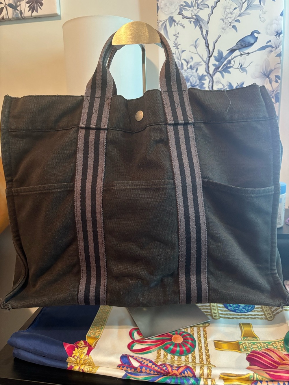 Authentic Hermès Fourre Tout MM Canvas Tote Bag - Black/Grey